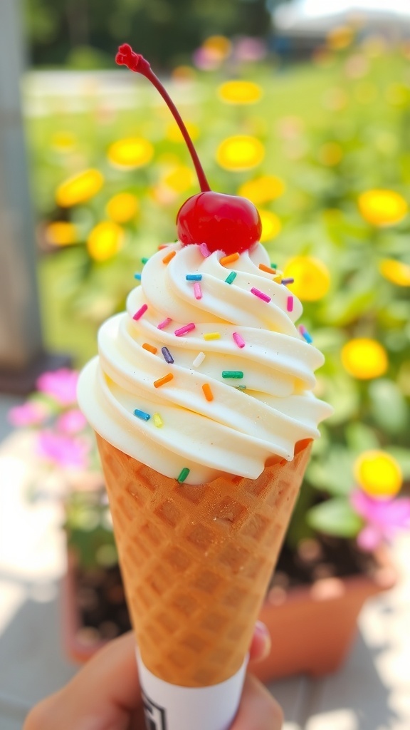 A delicious scoop of vanilla ice cream in a cone with sprinkles and a cherry, set in a sunny garden.